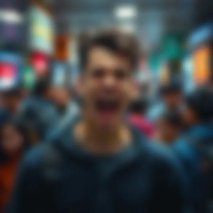 Person showing anger in a crowded space A young man with a furious expression stands in a busy area, shouting at a group of people around him, representing rising aggression in social situations.