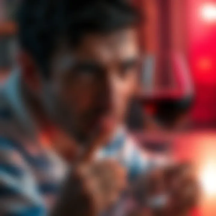 Individual sneezing with a glass of wine, showing symptoms of alcohol allergy