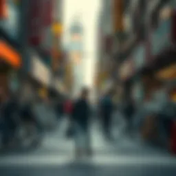 An individual cautiously walks into a vibrant city street filled with people, showcasing a mix of modern technology and traditional elements.