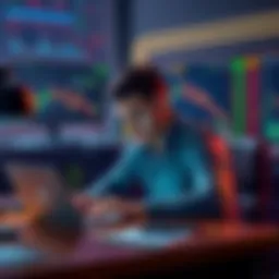 A person sitting at a desk looking worried while checking cryptocurrency charts on a laptop, showing the emotional impact of trading decisions.