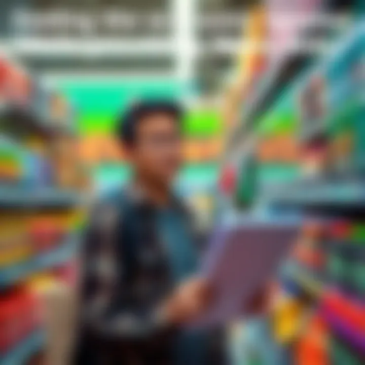 A person examines prices in a grocery store, showing concern over rising costs while holding a shopping list