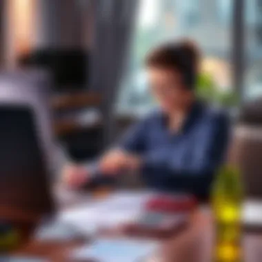 Person taking an online survey Individual sitting at a desk, filling out an online survey with a laptop, surrounded by notes and a calculator, indicating a focus on earnings from surveys and upgrades.