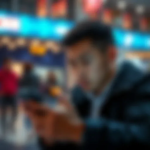 Individual using a smartphone to participate in an online survey, with a thoughtful expression and survey questions on the screen