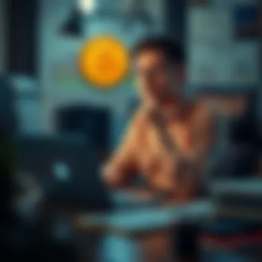 A person sitting at a desk with a laptop, looking thoughtful while considering investing in Bitcoin, surrounded by financial charts and notes