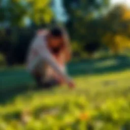 A person kneeling on the grass in a sunny park, connecting with nature