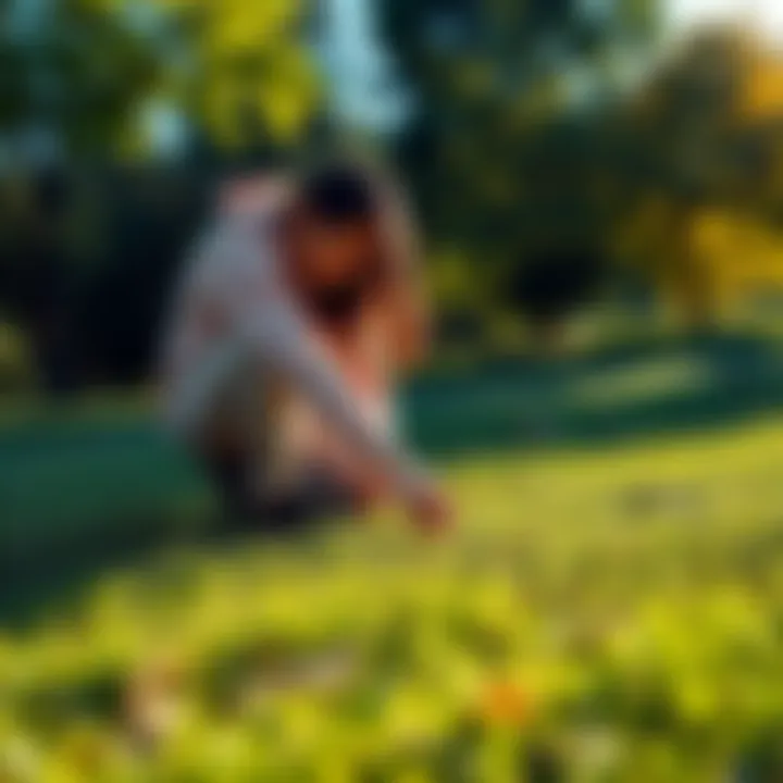 Person touching grass in a park A person kneeling on the grass in a sunny park, connecting with nature
