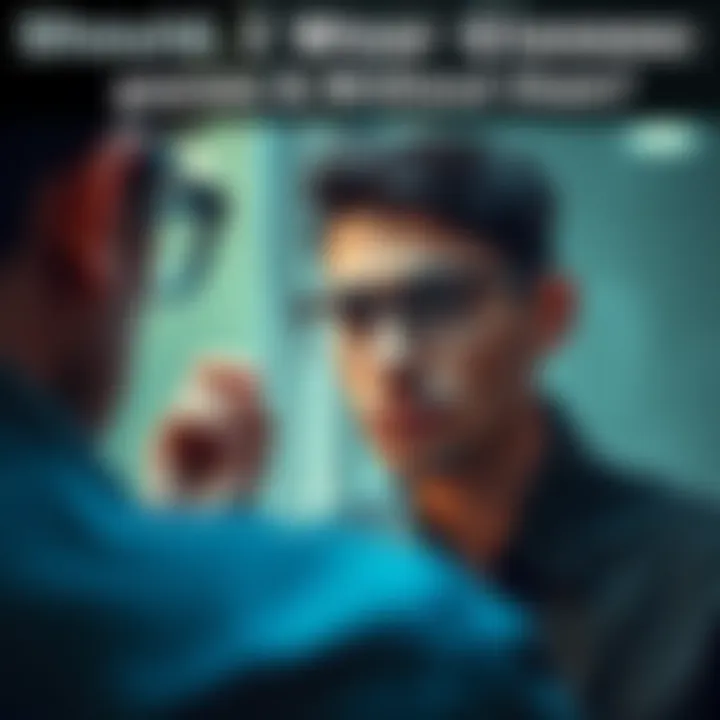 A person looks in the mirror wearing different styles of glasses, contemplating their choice between glasses and going without them.