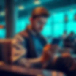 Individual checking cryptocurrency app on a phone while sitting in an airport lounge, looking concerned after a bank declined a payment