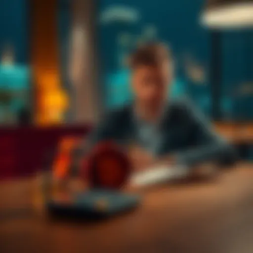 Individual sitting at a table with a calculator and notepad, thinking about their financial choices, looking uncertain while considering canceling plans to recover 1000€.