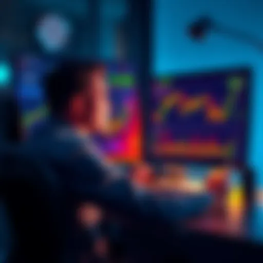 A person sitting at a desk, looking concerned while looking at a computer screen displaying Bitcoin trading charts. The atmosphere shows signs of stress and anxiety about investing in crypto.