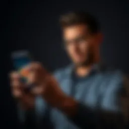 Person Advocating for Bitcoin A person in a dark room holding a smartphone with Bitcoin symbols on the screen, showing determination and courage while typing on Twitter.