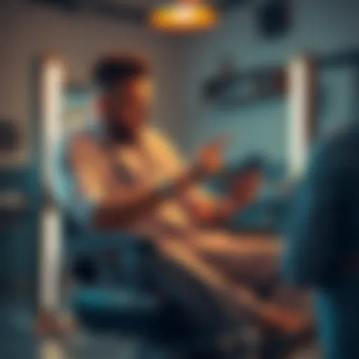 A person sits in a barber's chair while the barber points to a crypto chart on a phone with excitement.