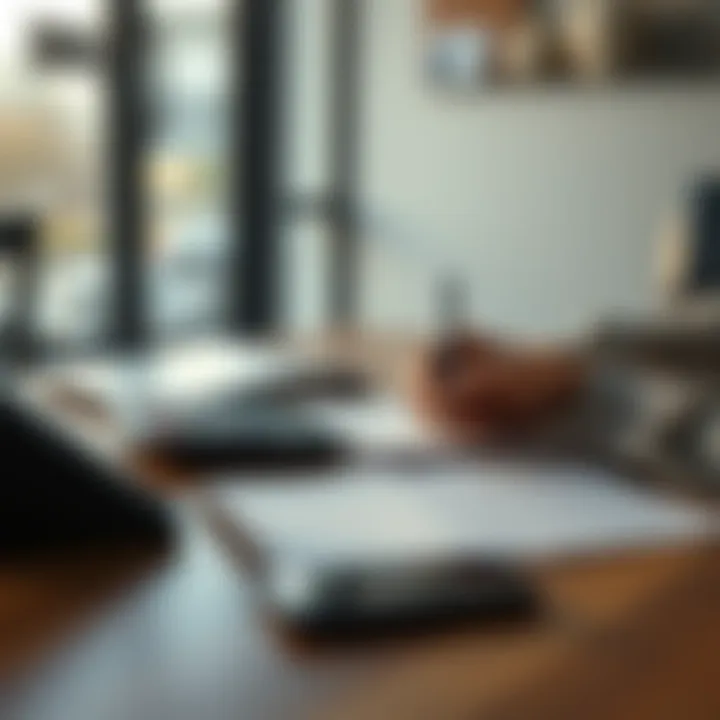 Person budgeting with calculator A person sitting at a table, using a calculator and writing notes to manage monthly expenses and savings.