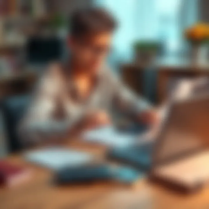 A person sits at a table with a calculator, bills, and a notepad, looking stressed while planning finances for a home purchase.