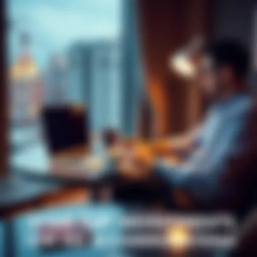 A person sitting at a table with a laptop, notebook, and coffee, planning investments for a business while staying in a hotel