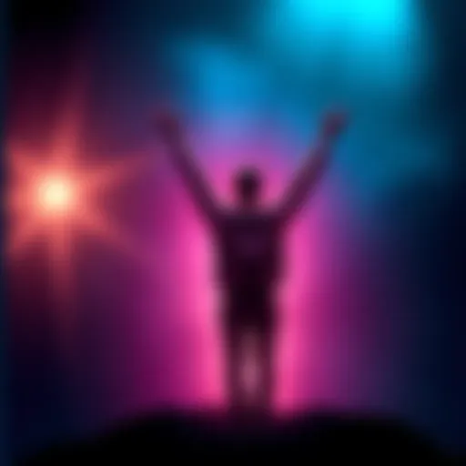 A person stands with their arms raised in joy, surrounded by a bright light symbolizing achievement after a long journey.
