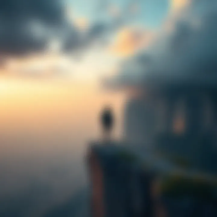 A person gazes out into the distance from a high cliff, looking both contemplative and connected to the vast landscape below.
