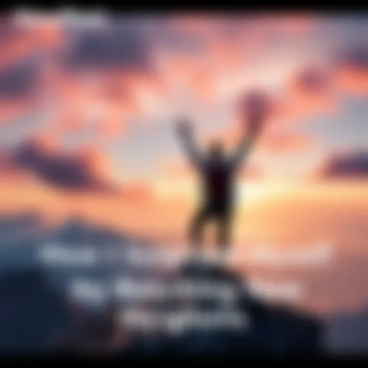 A person reaching the summit of a mountain, celebrating their achievement with arms raised in joy.