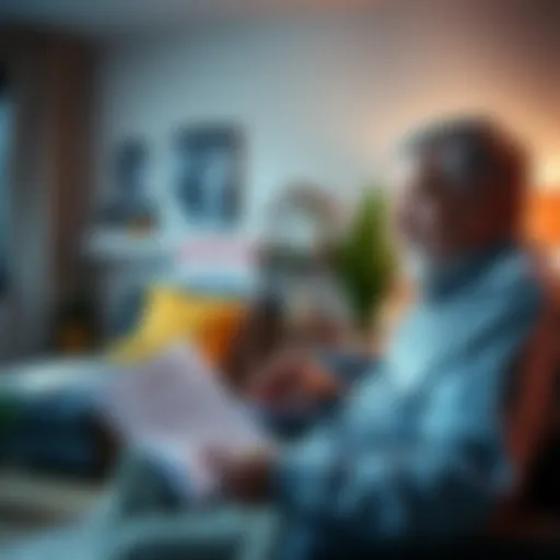 A retired individual looks at bills and a foreclosure notice in their living room, contemplating financial decisions, with a home for sale in the background.