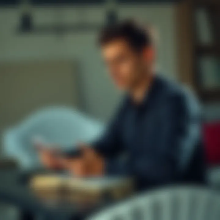 Individual sitting at a table with a notebook, looking thoughtful while assessing life decisions.