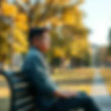 A person sitting on a park bench looking thoughtful, reflecting on life's challenges and balance, surrounded by trees and a sunny sky.