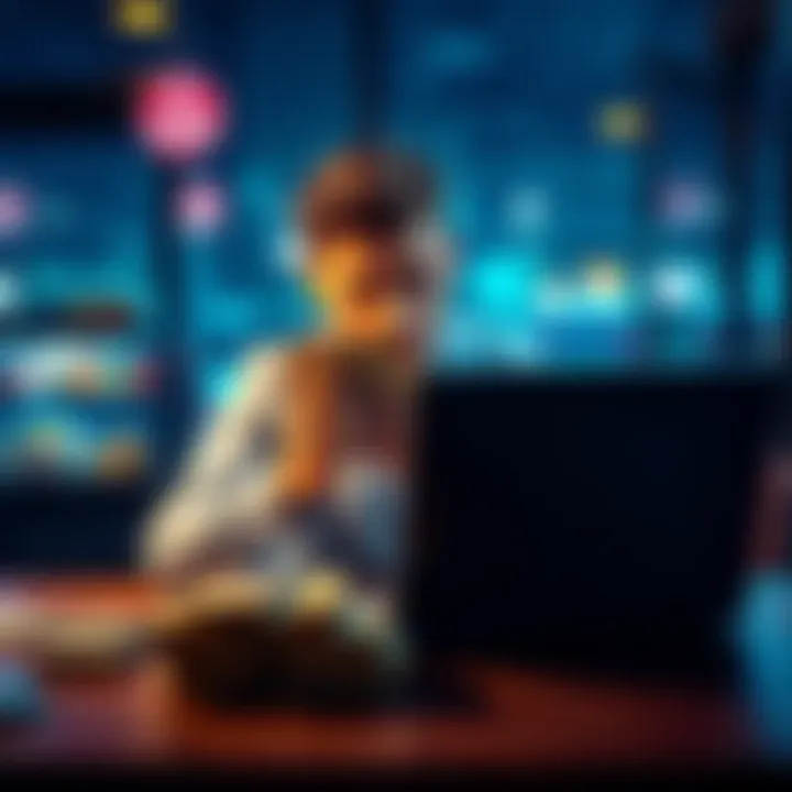 A person sitting at a table, counting cash while looking at a laptop, symbolizing online shop earnings and investments