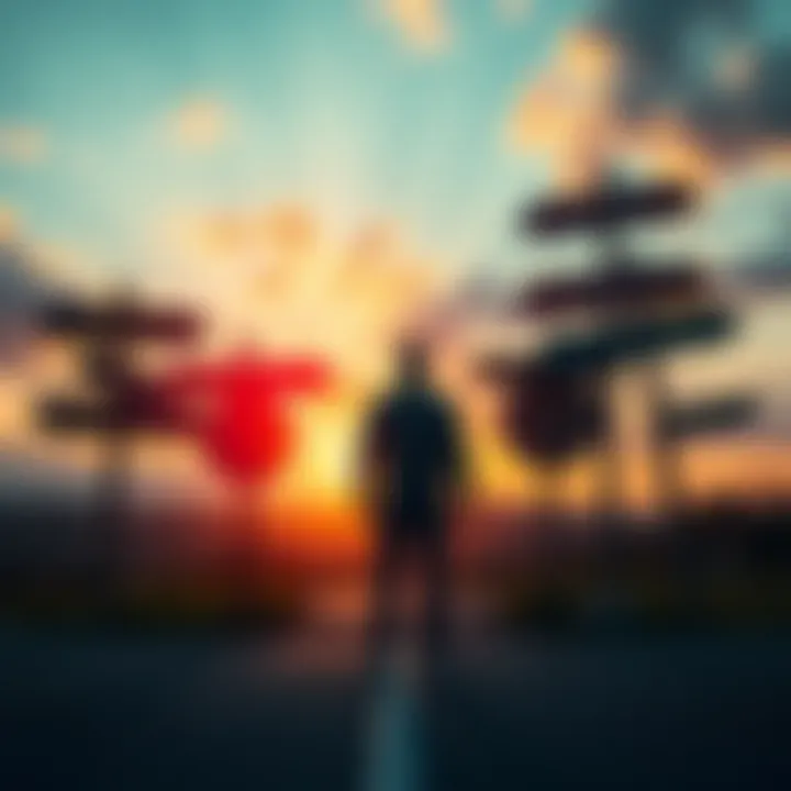 A person standing at a crossroads with signs pointing in multiple directions, symbolizing tough decisions in life.