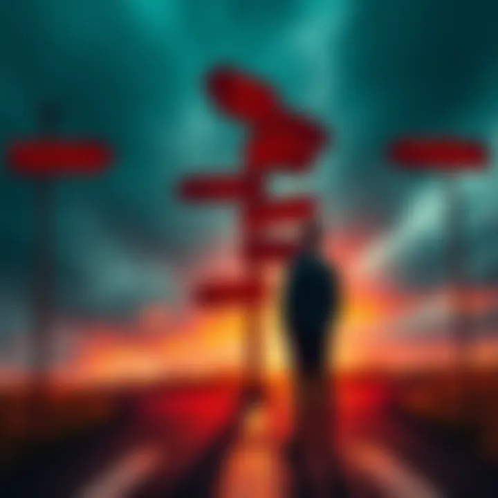 A person looks confused at a crossroads with multiple signs pointing in different directions, symbolizing uncertainty and choices in life.