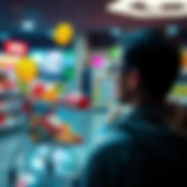 Individual looking at a shopping cart filled with fun items on one side and a Bitcoin symbol on the other, symbolizing a choice between enjoyment and investment.