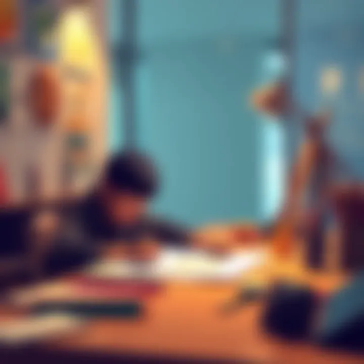 Person Drawing A person sitting at a table, focused on drawing with pencils and paper, surrounded by art supplies