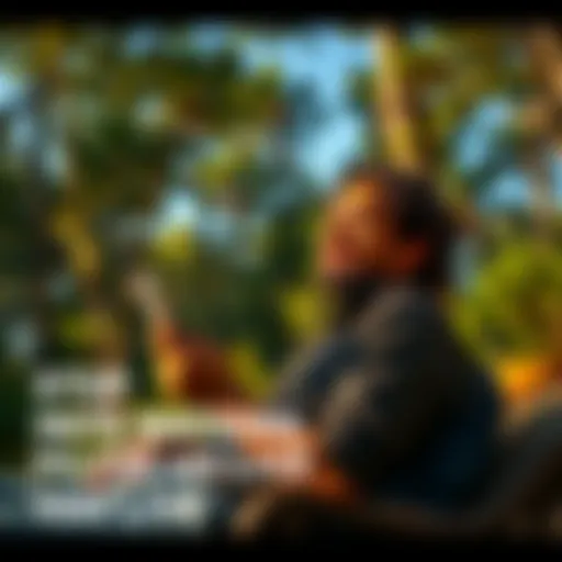 A person relaxing outdoors, surrounded by trees and nature, smiling and looking happy while not using any electronic devices.