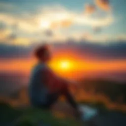 A person sitting on a hill, smiling and watching the sunset with a peaceful expression