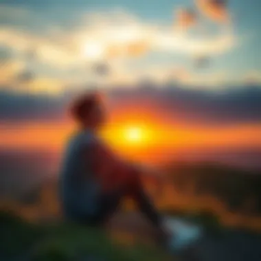 A person sitting on a hill, smiling and watching the sunset with a peaceful expression