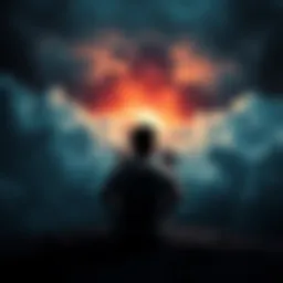 A person sitting on the ground, holding their head in their hands, surrounded by dark clouds symbolizing emotional pain.