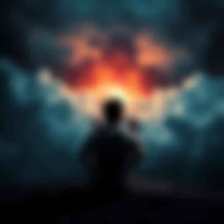 A person sitting on the ground, holding their head in their hands, surrounded by dark clouds symbolizing emotional pain.