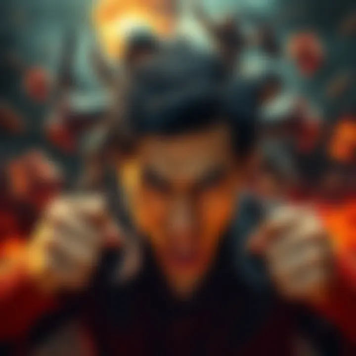 A person showing frustration with clenched fists and a frown, surrounded by chaotic imagery symbolizing anger.