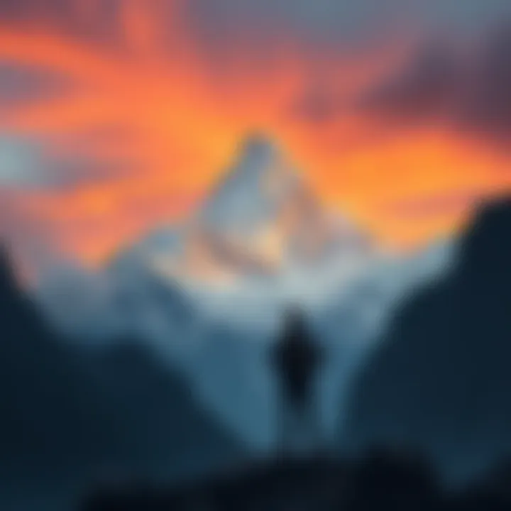 A person stands at the base of a tall mountain, looking up with determination while feeling fear.