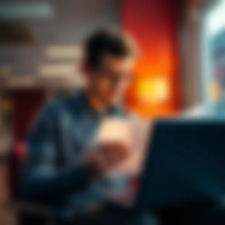 A person looking at bank documents and a laptop, appearing frustrated while trying to reopen a closed bank account after living abroad.