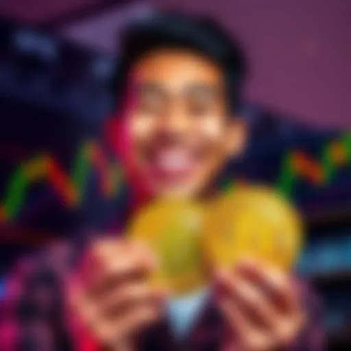 A happy individual holding a Bitcoin symbol with fluctuating market charts in the background