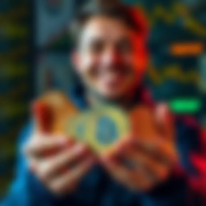 A person smiling and holding several Bitcoin coins in their hands, symbolizing investment and hope against theft and economic instability.
