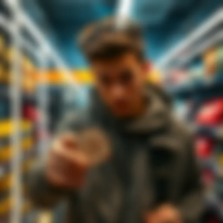 A person discreetly holding Bitcoin coins in a store while looking around cautiously