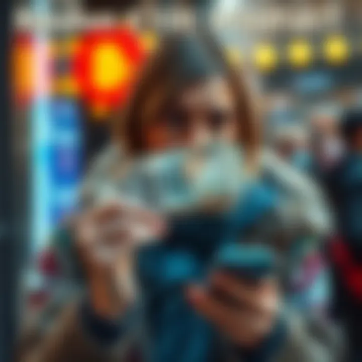 A person looking confused while holding €100 cash in their hand and checking their phone for advice.