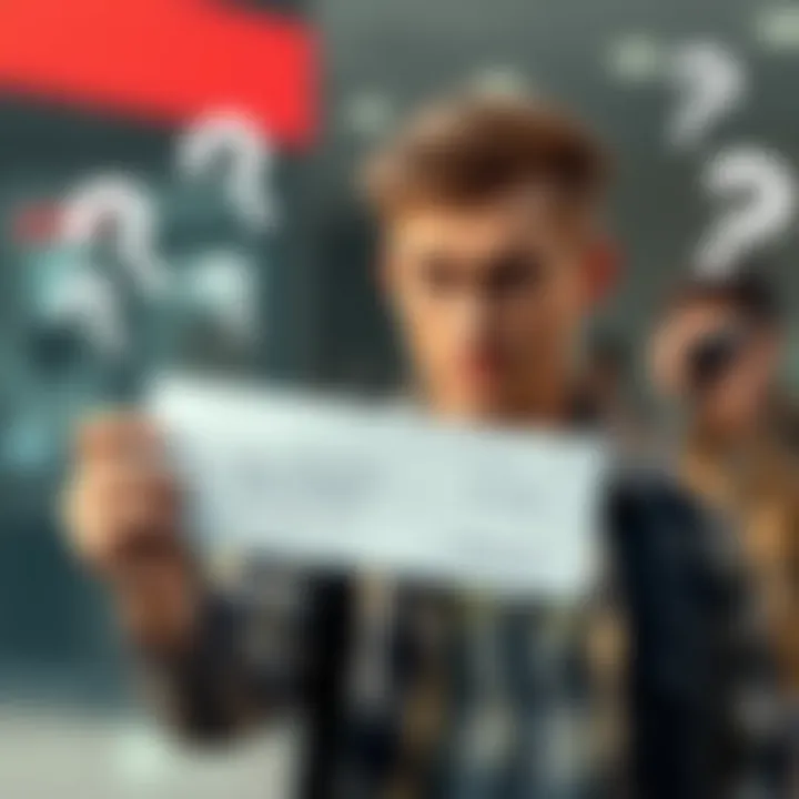 A person looks puzzled while holding a check, surrounded by question marks to show uncertainty about its legitimacy.