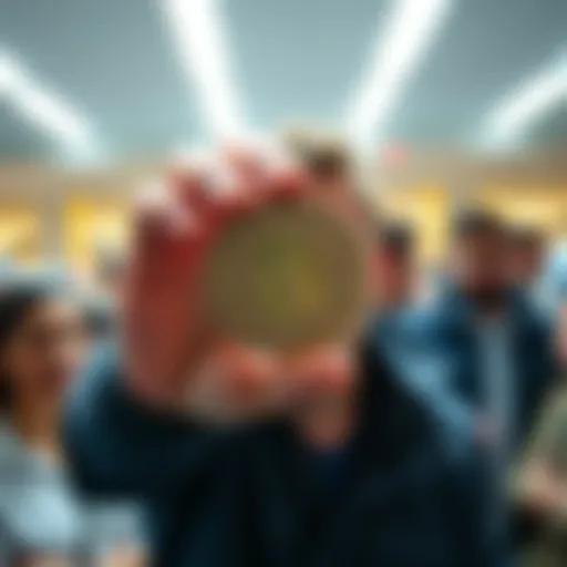 A person excitedly holding a coin under bright light, showing possible error features to others for feedback