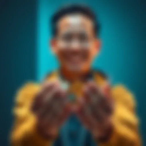 A person smiling while holding coins in their hands, symbolizing long-term investment and commitment to holding assets.