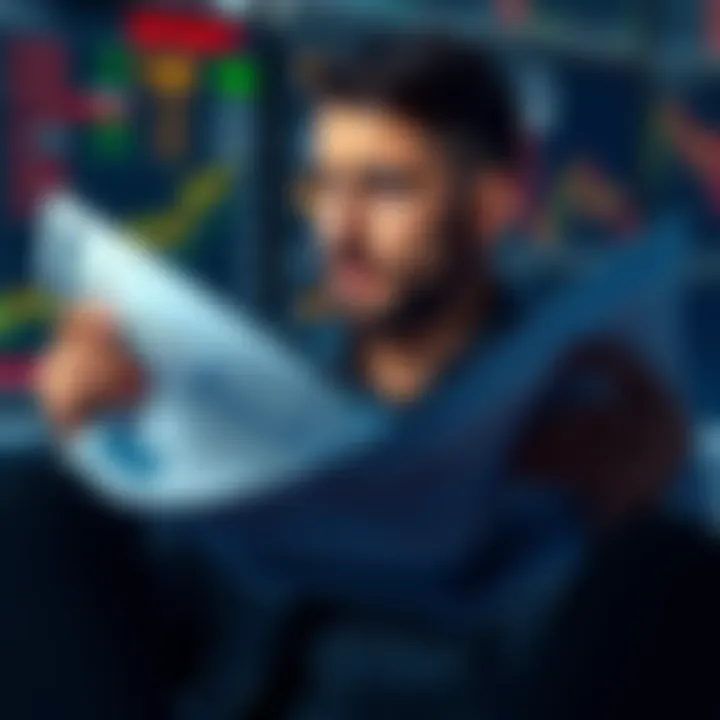 A person examining investment charts and graphs with a concerned expression, symbolizing the decision to invest during falling prices.