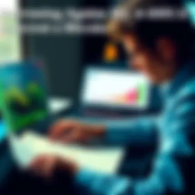 A person reviewing financial documents and using a laptop with Bitcoin graphics on the screen while considering an investment strategy.