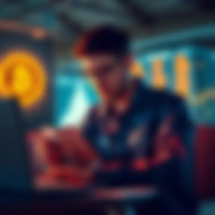Individual looking at Bitcoin investment options with a laptop and money
