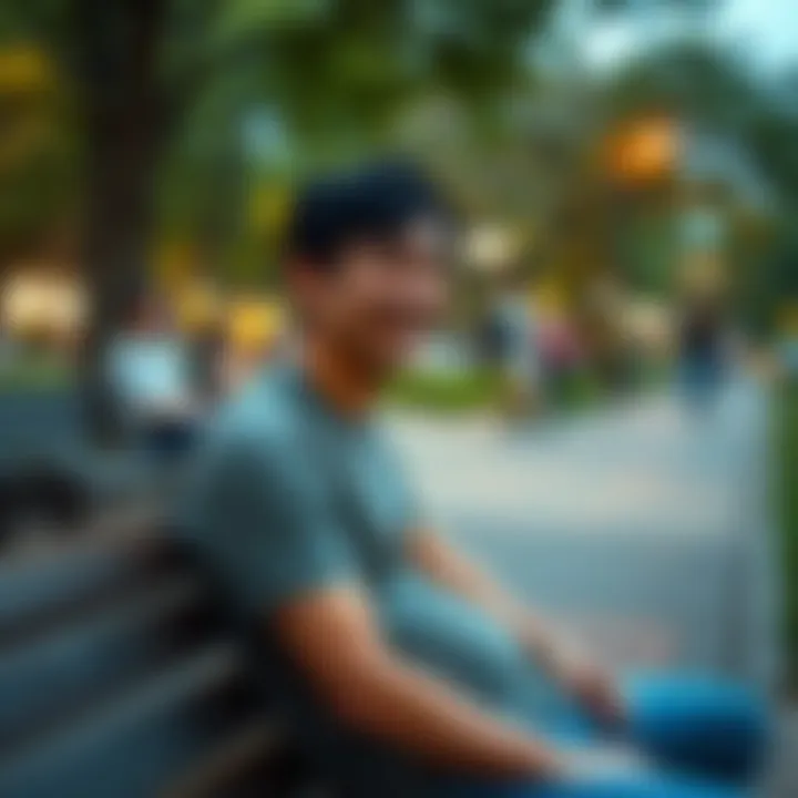 A person sitting on a park bench with a mix of laughter and tears, reflecting on life in 2026, surrounded by people enjoying different activities.
