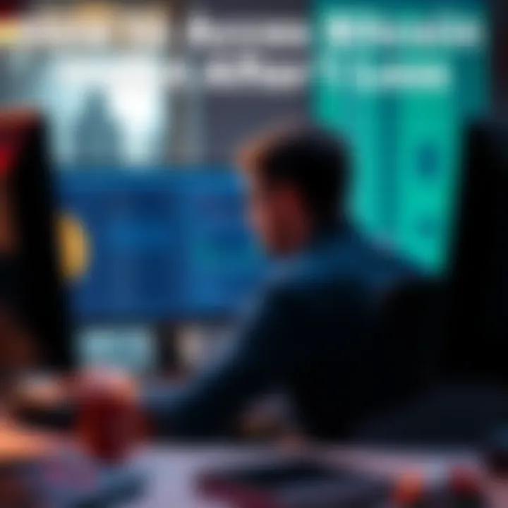 A person sitting at a desk, looking at a computer screen with a Bitcoin wallet on display, appearing focused and determined